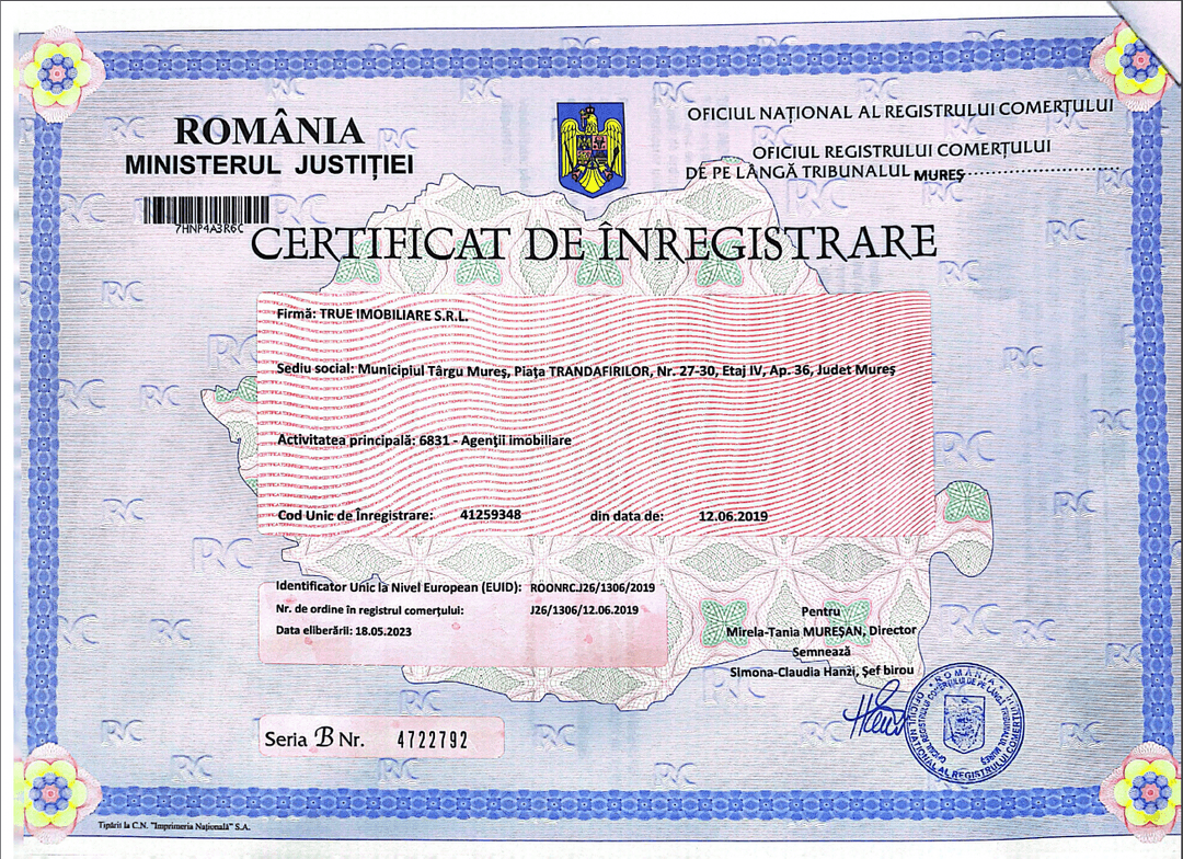 Certificat de înregistrare True Imobiliare